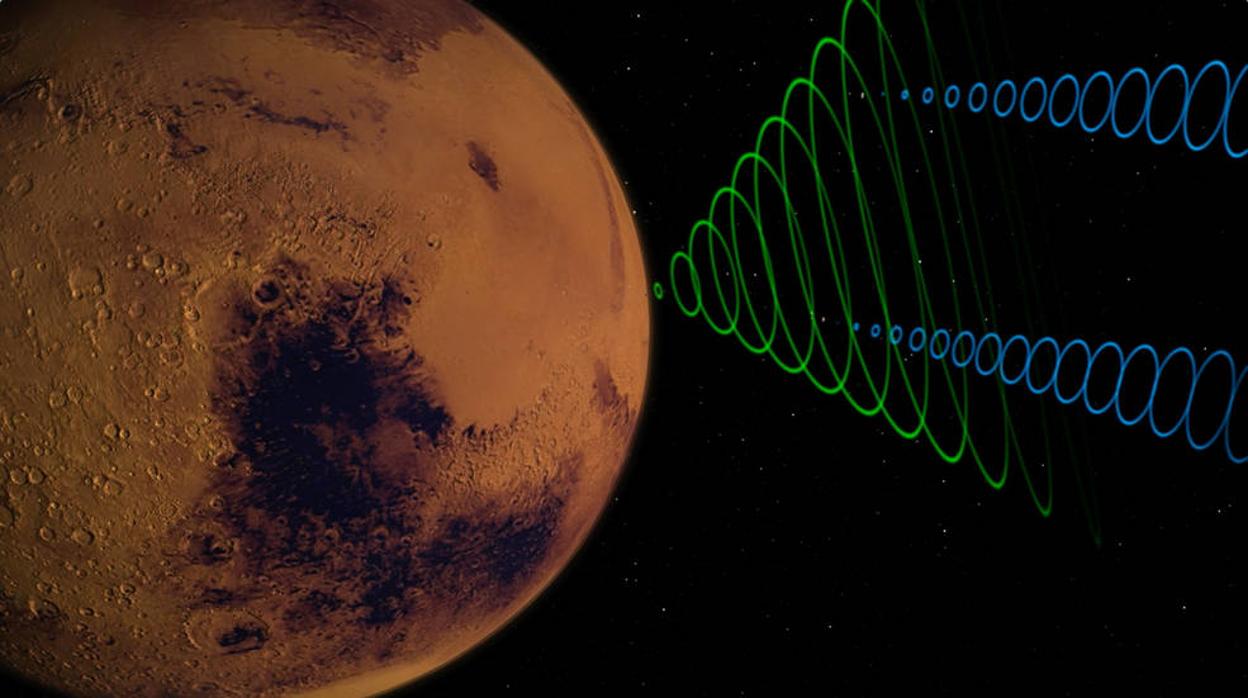 Recreación de las naves MarCO CubeSats transmitiendo datos del aterrizaje de InSight de la NASA ingrensando en la atmósfera de Marte
