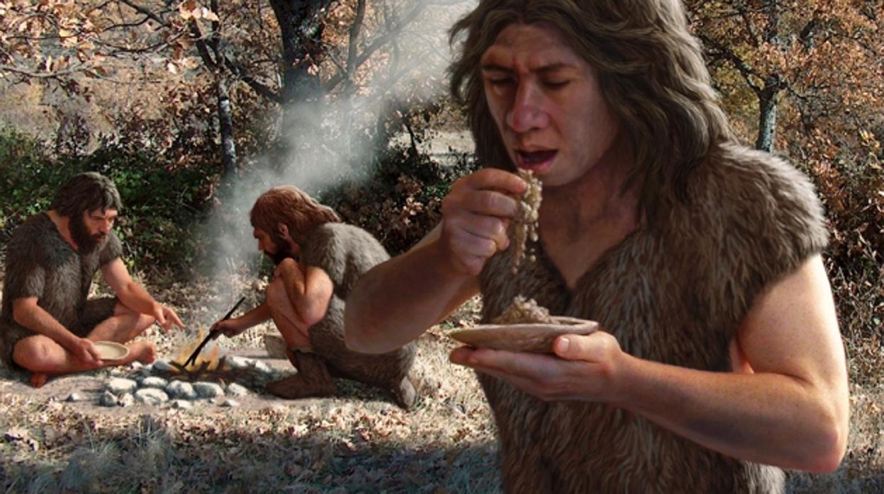 Neandertales durante una comida