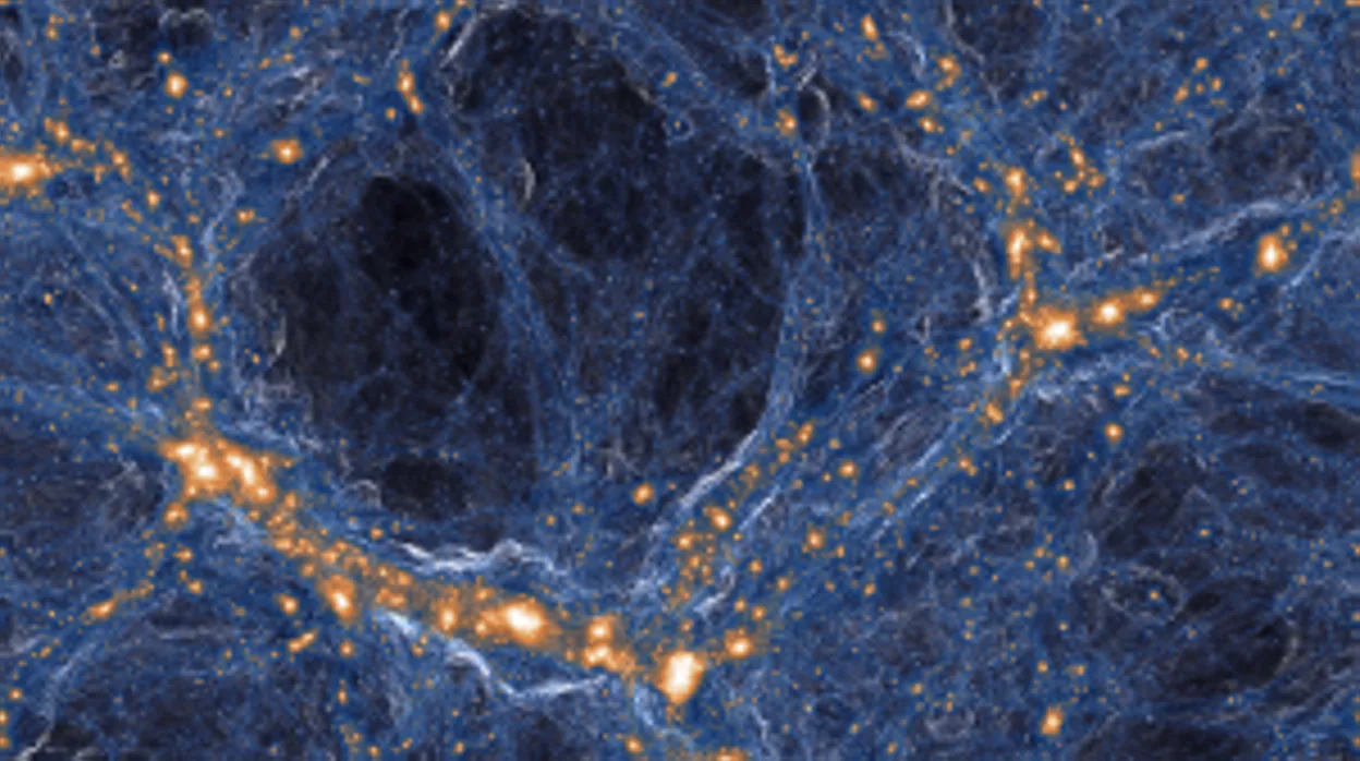 Simulación de galaxias y gases en el universo. Dentro del gas en los filamentos (azules) que conectan las galaxias (anaranjadas) se esconden bolsas raras de gas prístino, vestigios del Big Bang que de alguna manera han quedado huérfanos de las explosivas y contaminantes muertes de estrellas, que se ven aquí como ondas de choque circulares alrededor de puntos naranjas