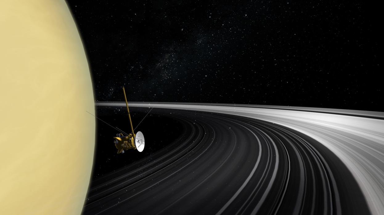 Recreación de Cassini sobre una foto real de Saturno y sus anillos