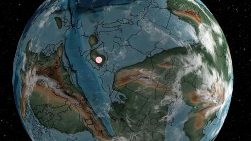 El punto rosa señala dónde estaría el territorio que ahora es España hace 370 millones de años: surge el Macizo Ibérico