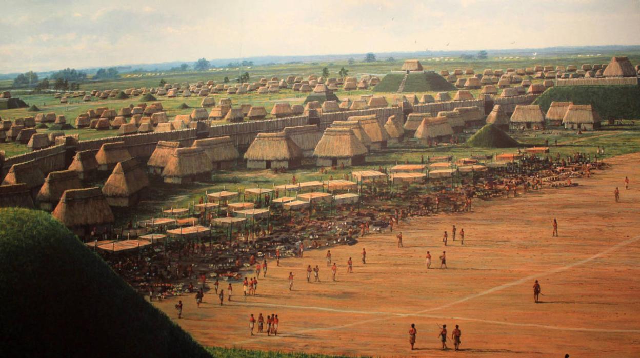 Representación de la ciudad de Cahokia, desaparecida en 1400 y situada en el actual estado de Illinois (EE.UU.)