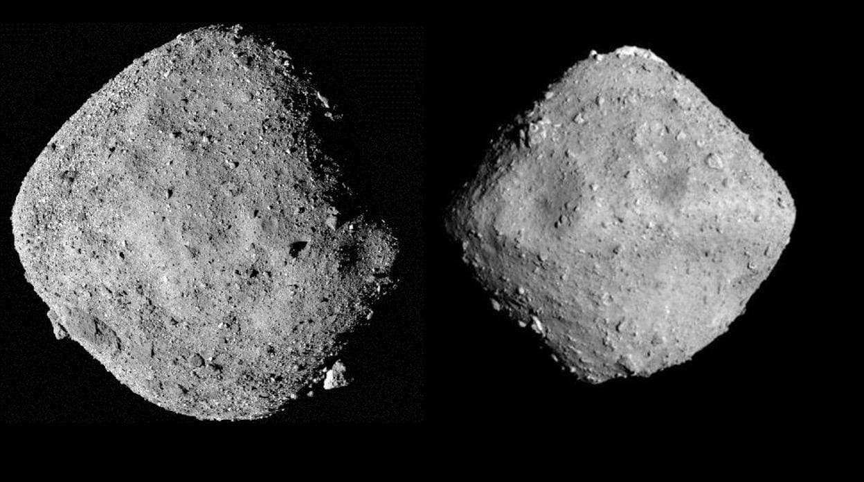Los asteroides Bennu (izquierda) y Ryugu (derecha). No están a escala: el primero mide unos 262 metros y el segundo unos 900