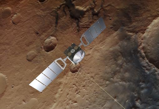 Impresión artística de Mars Express. El fondo se basa en una imagen real de Marte tomada por la cámara estéreo de alta resolución de la nave