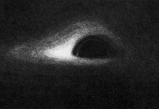 Representación de un agujero negro hecha en 1979. El gas que gira alrededor del agujero forma un disco de acreción y brilla. Lo hace más a la izquierda porque se mueve hacia el observador, gracias al efecto doppler. La parte del disco que queda detrás se puede ver en la parte de arriba del agujero, a causa de la curvatura del espacio-tiempo