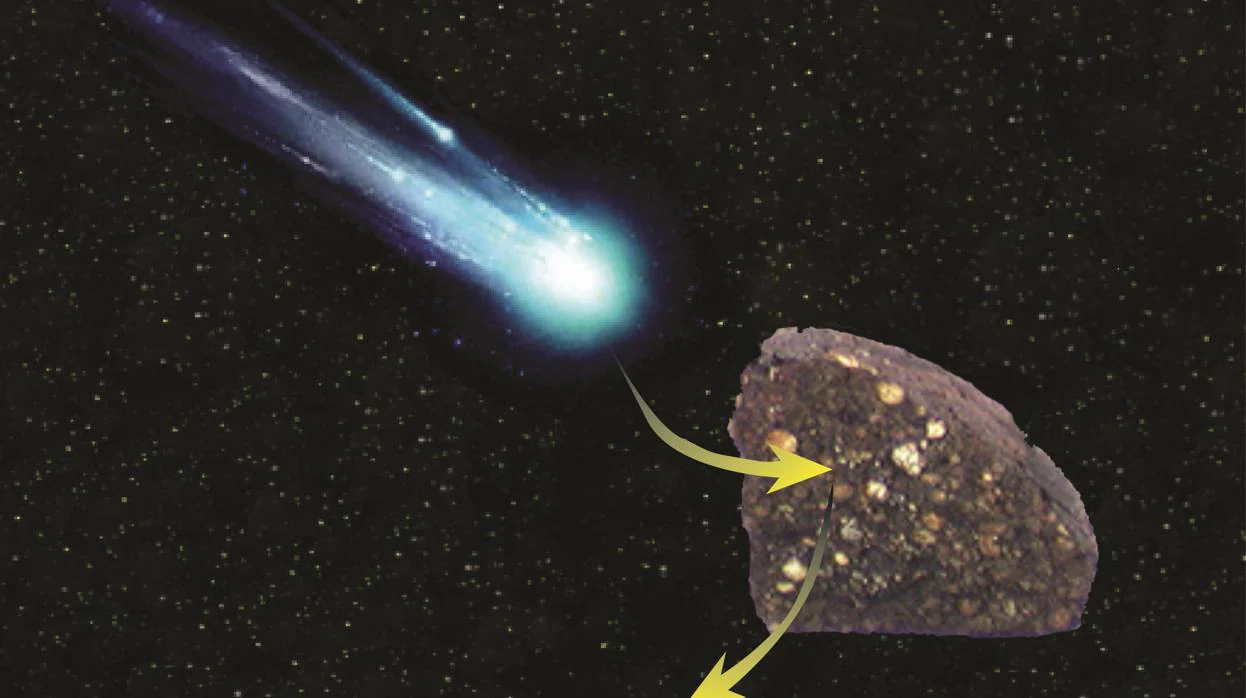 La ilustración que muestra cómo un asteroide se tragó una porción de material de bloques de construcción cometarios y se conservó dentro de un meteorito