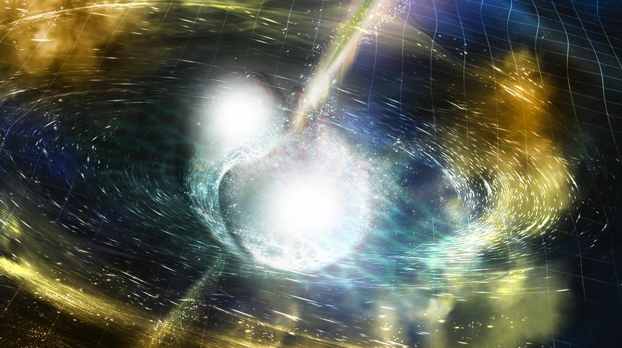 Representación de la fusión de dos estrellas de neutrones. Hasta ahora, se han captado las ondas gravitacionales de estas y de las fusiones de parejas de agujeros negros