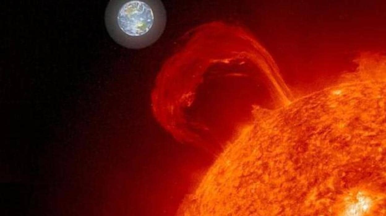 Recreación de una fulguración solar con la Tierra de fondo