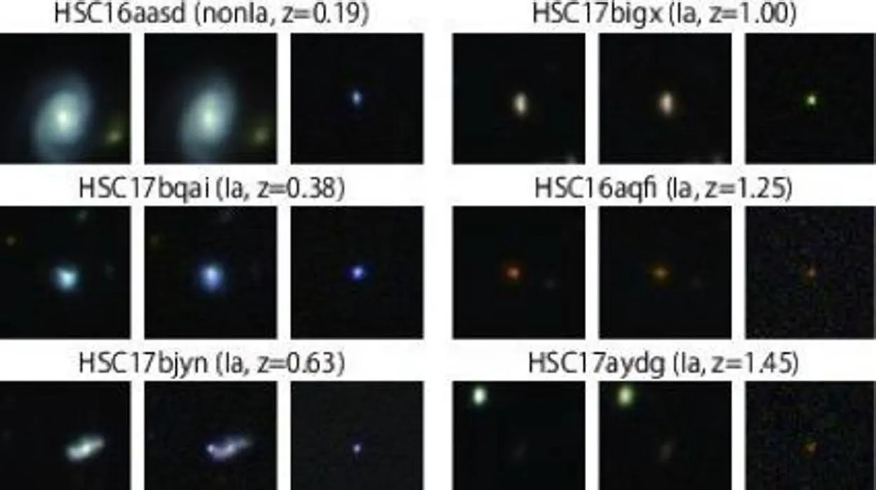 En la imagen, algunas de las supernovas descubiertas en este estudio. Hay tres imágenes por cada supernova, antes, durantew y después de cada explosión