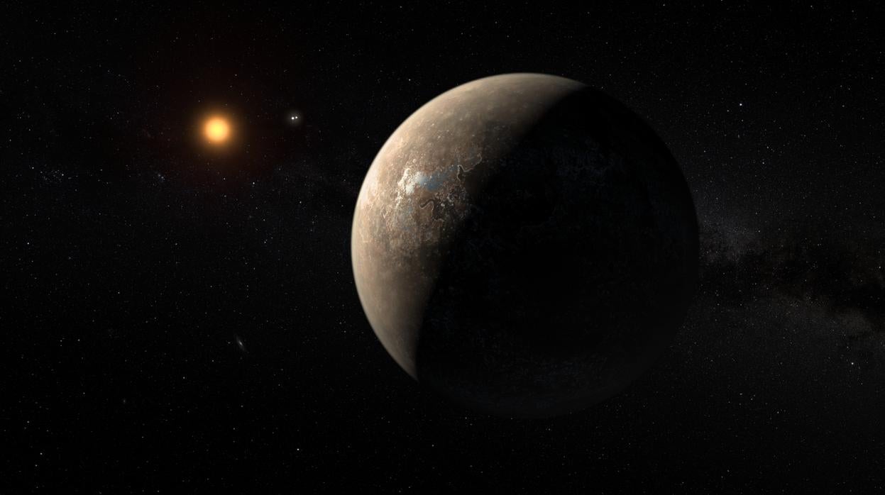 La ilustración muestra al planeta Próxima b orbitando a la estrella enana roja Próxima Centauri, la más cercana al Sistema Solar