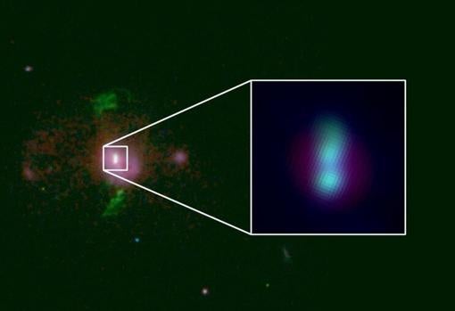 Imagen de los dos agujeros negros supermasivos, a 2.500 millones de años luz, en el núcleo de una galaxia que emite dos enormes chorros de gas