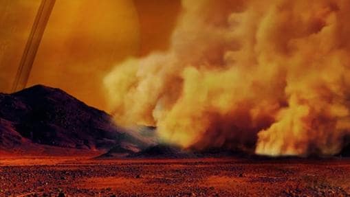 Recreación artística de una tormenta de polvo en Titán
