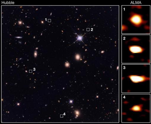Algunas de las galaxias antiguas observadas por ALMA (derecha) pero no vistas por Hubble (izquierda)