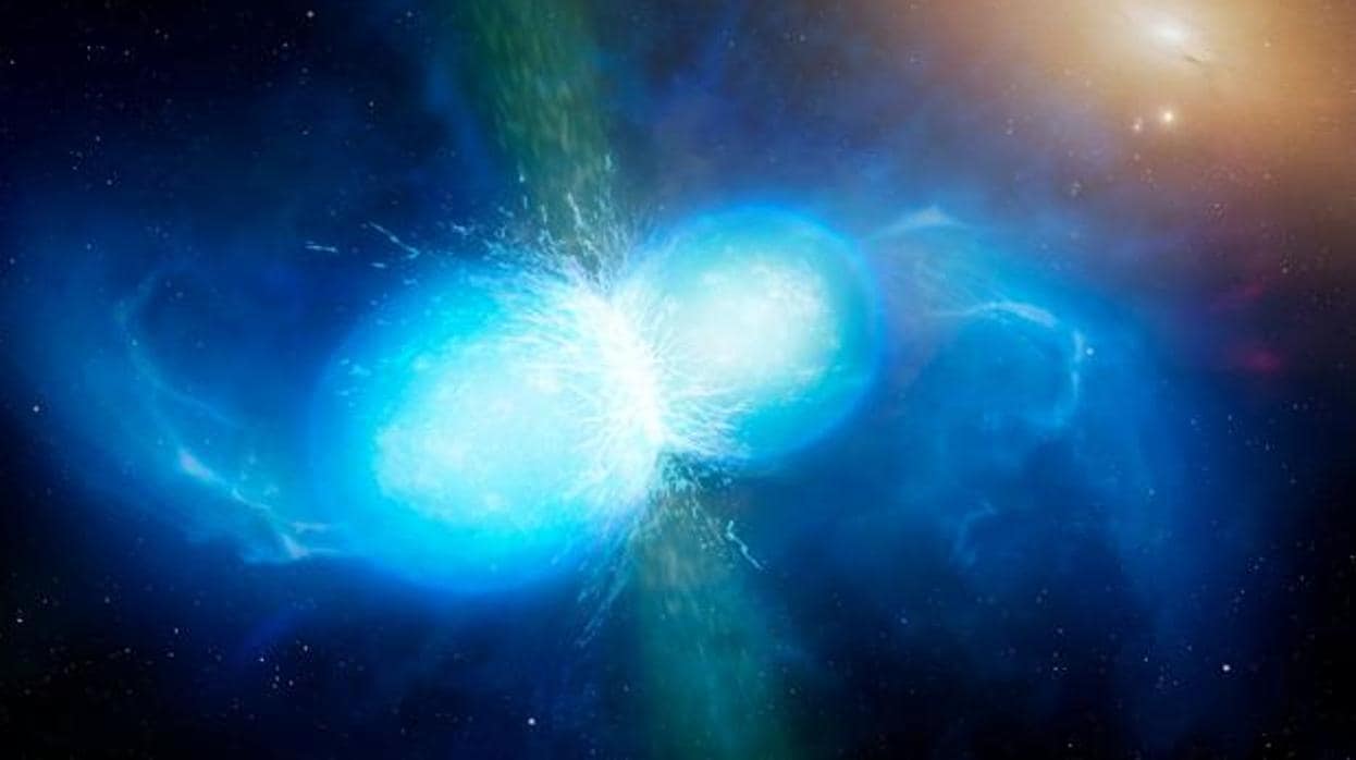 Recreación artística de la fusión de dos estrellas de neutrones