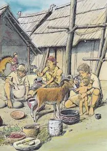 Escena familiar prehistórica que muestra al bebé siendo alimentado con un biberón similar a los de la muestra del estudio