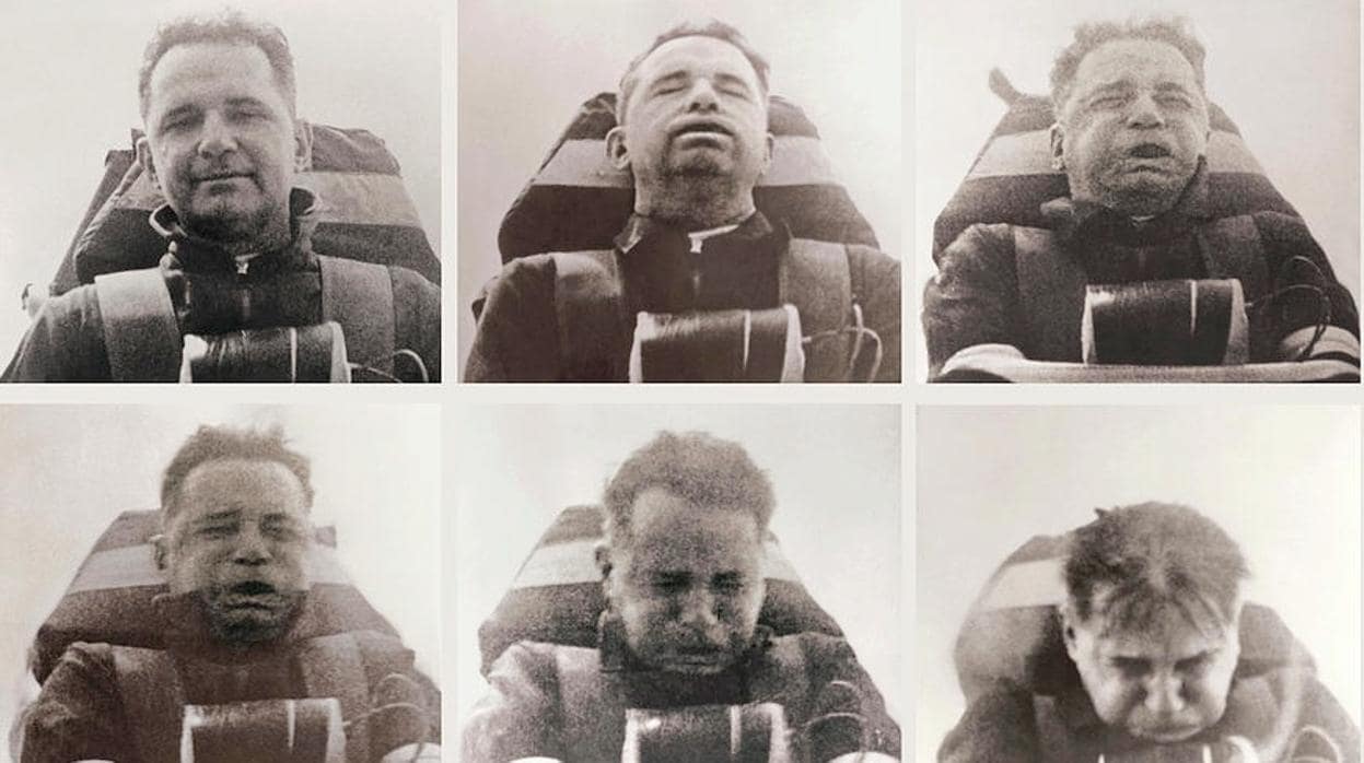 Serie de fotografías mostrando a John Stapp, pionero en los estudios de aceleración y desaceleración del cuerpo humano, durante una prueba, en 1954