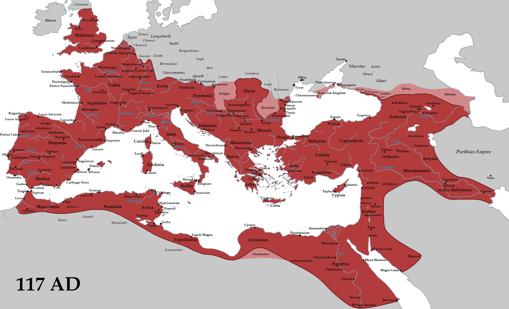 El imperio romano en el momento en que alcanzó su máxima extensión, en el año 117 dC, bajo el mandato de Trajano