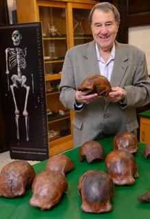 Russell L. Ciochon, con una colección de réplicas de fósiles de Homo erectus de Ngandong