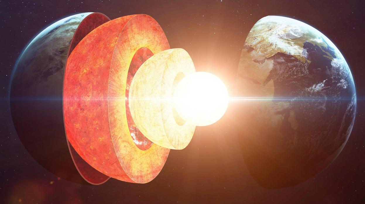 Representación del interior de la Tierra. En el centro existe un núcleo interno (sólido) y alrededor de este, un núcleo externo (líquido)
