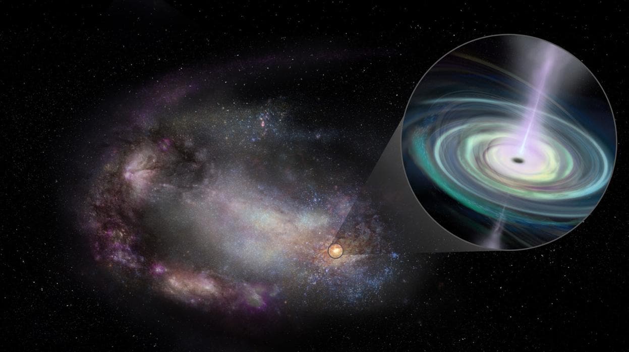 La ilustración muestra una de las galaxias observadas con un agujero negro supermasivo fuera del centro