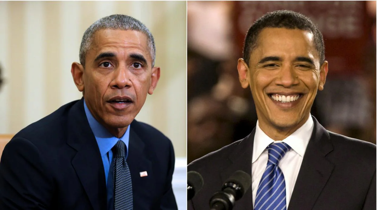 El expresidente de Estados Unidos, Barack Obama, en 2016 (izquierda) y en 2008 (derecha), durante su mandato