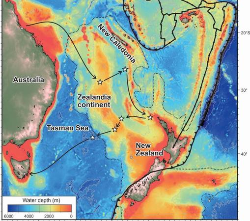 Las estrellas y las líneas negras marcan la ruta tomada por el buque «JOIDES Resolution» para tomar muestras de Zealandia