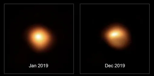 Superficie de Betelgeuse en enero de 2019 (izquierda) y diciembre (derecha). Se puede observar claramente su oscurecimiento