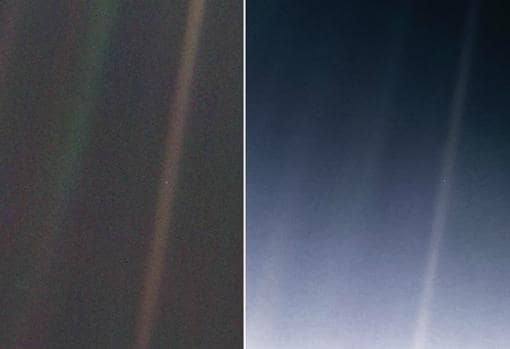 A la izquierda, la foto original. A la derecha, la imagen mejorada. En ambas se observa un pequeño punto azul, la Tierra, a más de 6.000 millones de kilómetros