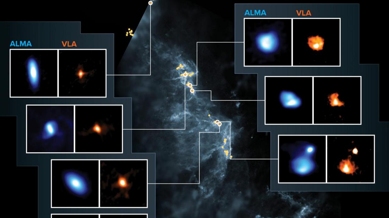 En la imagen, las Nubes de Orión, uno de los mayores semilleros de estrellas conocidos. Las observaciones de ALMA aparecen en azul, y las del VLA en naranja