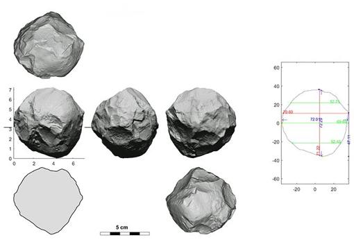 Imagen escaneada en 3D de un esferoide de piedra caliza de Ubeidiya (Israel) con datos dimensionales asociados