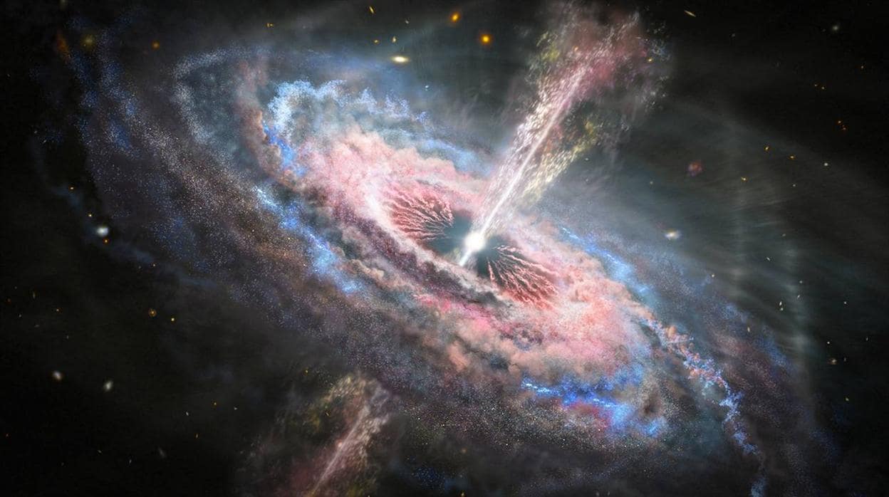 La ilustración muestra una galaxia distante con un cuásar activo en su centro. Los «vientos del cuásar» impulsan cientos de masas solares de materia cada año a velocidades relativistas