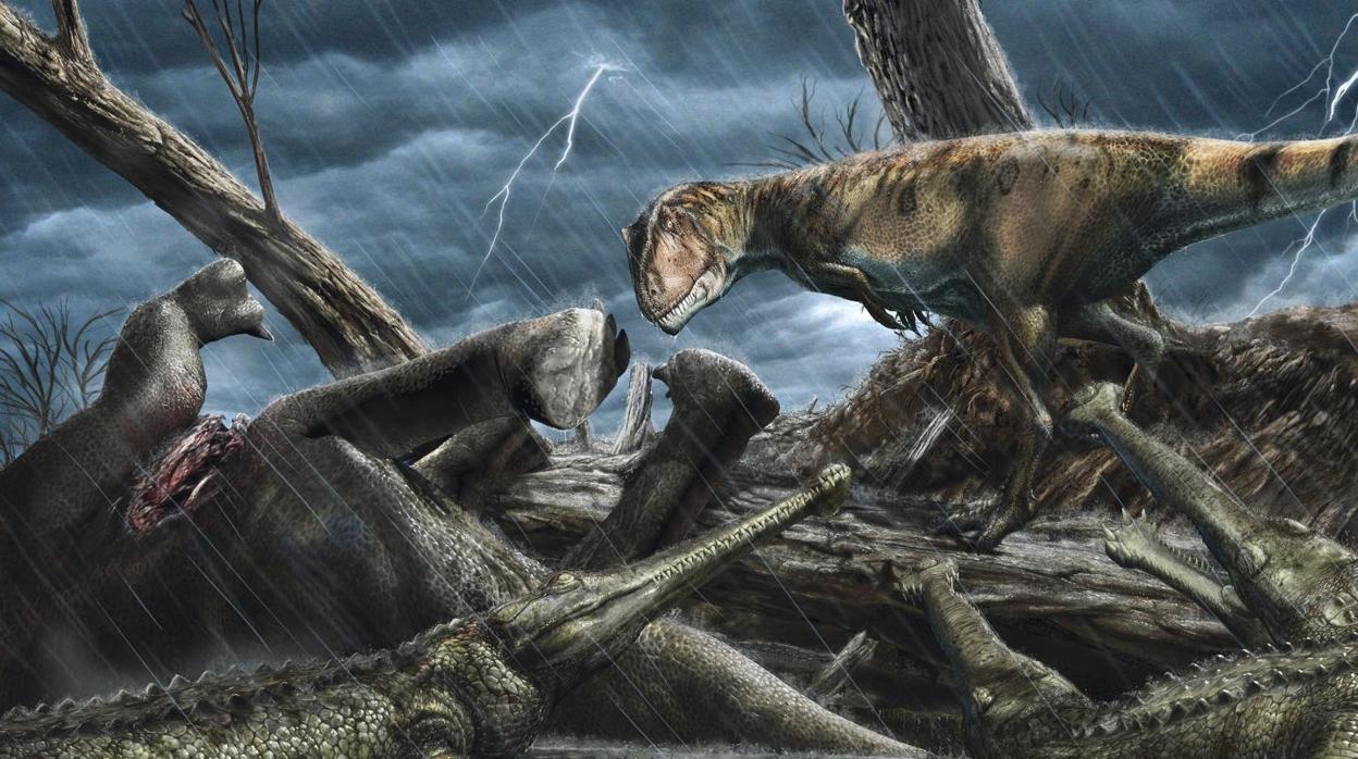 En la ilustración, el depredador gigante Carcharodentosaurus observa a un grupo de Elosuchus, similares a los cocodrilos. Un auténtico paraíso para los depredadores