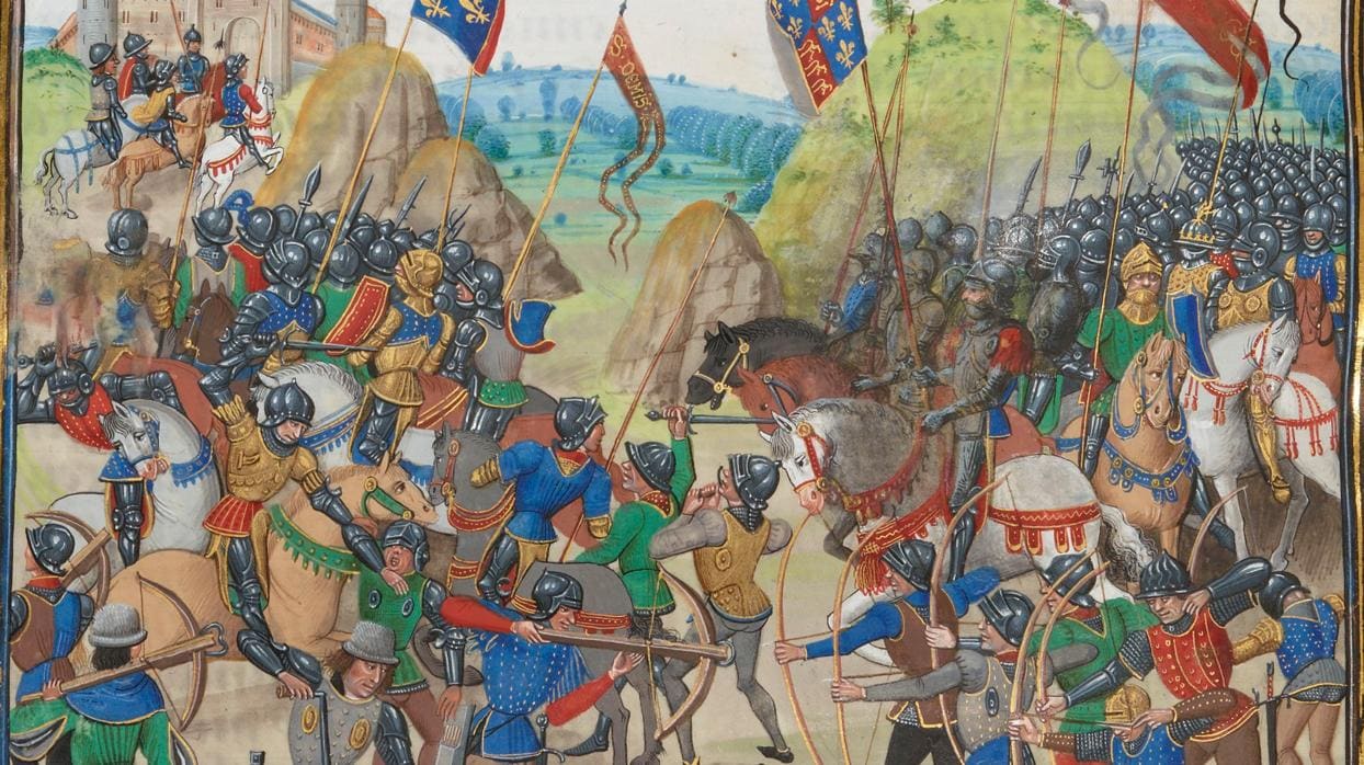 Representación de la batalla de Crécy (en 1346), en la que los arcos largos tuvieron un papel protagonista