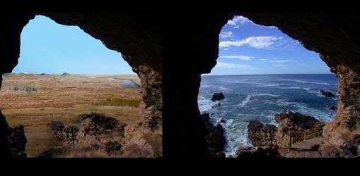 Representación de las vistas desde la Cueva de Blombos hace 200.000 años (a la izquierda) y hoy (a la derecha)