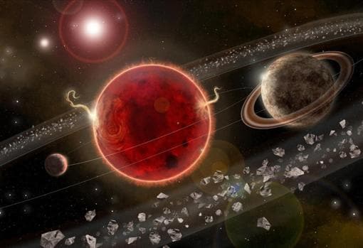 Representación artística de un sistema solar en la estrella Próxima Centauri (en el centro)