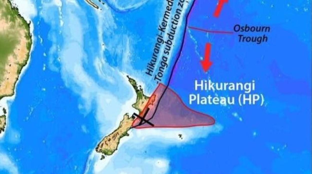 El mapa muestra la meseta de Hikurangi, una enorme extensión de más de 400.000 km cuadrados