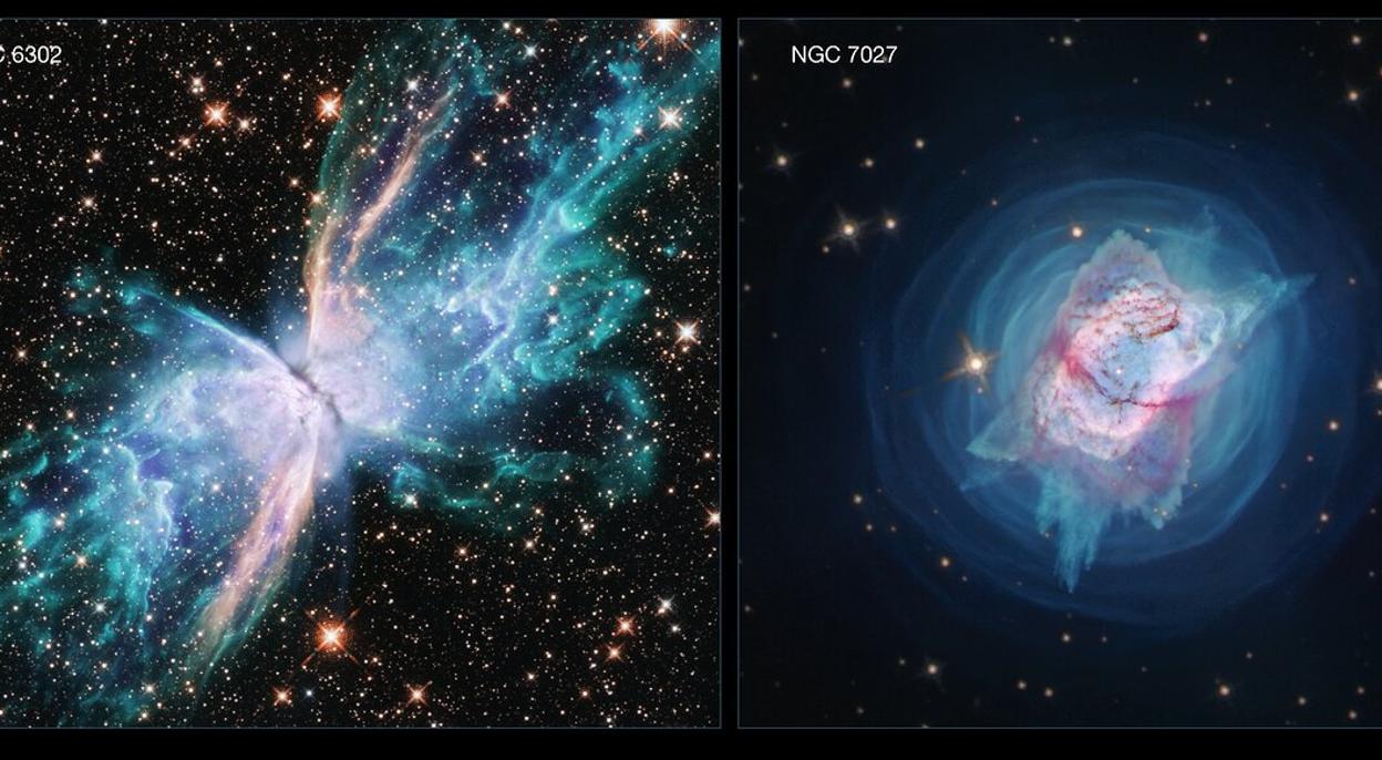 A la izquierda, NGC 6302, conocida como «Nebulosa Mariposa»; a la derecha, NGC 7072, apodada como «insecto joya»