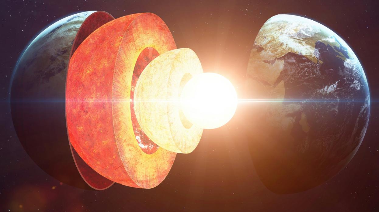 Representación del interior de la Tierra. En el centro existe un núcleo interno (sólido) y alrededor de este, un núcleo externo (líquido)