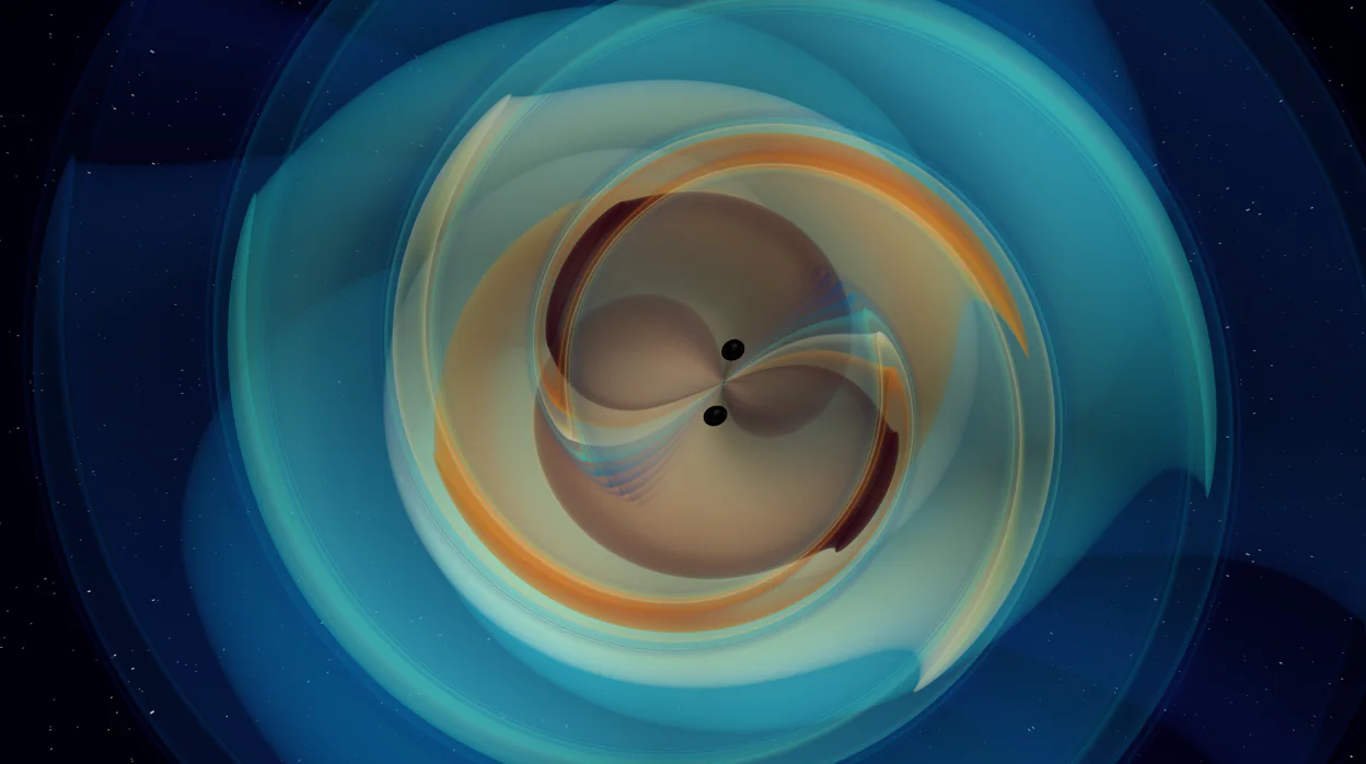 La ilustración muestra cómo fue la fusión de dos agujeros negros de 85 y 66 masas solares, algo nunca observado hasta ahora