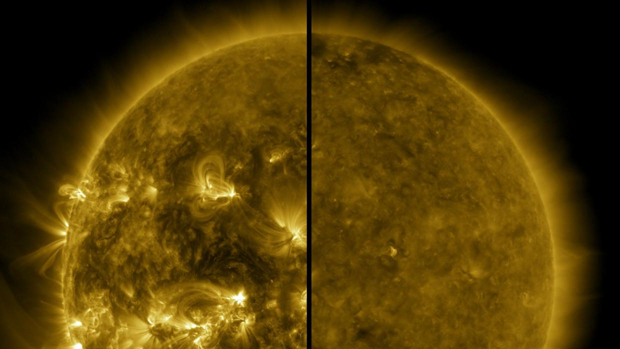 Esta imagen dividida muestra la diferencia entre un Sol activo durante el máximo solar y un Sol tranquilo durante el mínimo solar