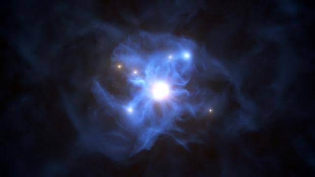 Observan, por primera vez, cómo seis galaxias «alimentan» a un enorme agujero negro poco después del Big Bang