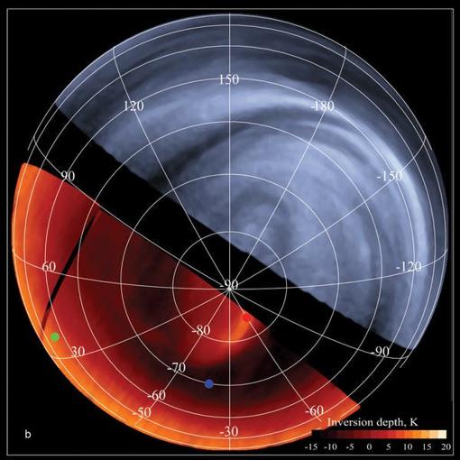 Venus visto por la sonda europea Venus Express en el infrarrojo y ultravioleta, rangos del espectro electromagnético que acotan el visible. La detección de fosfano se ha realizado en el rango milimétrico