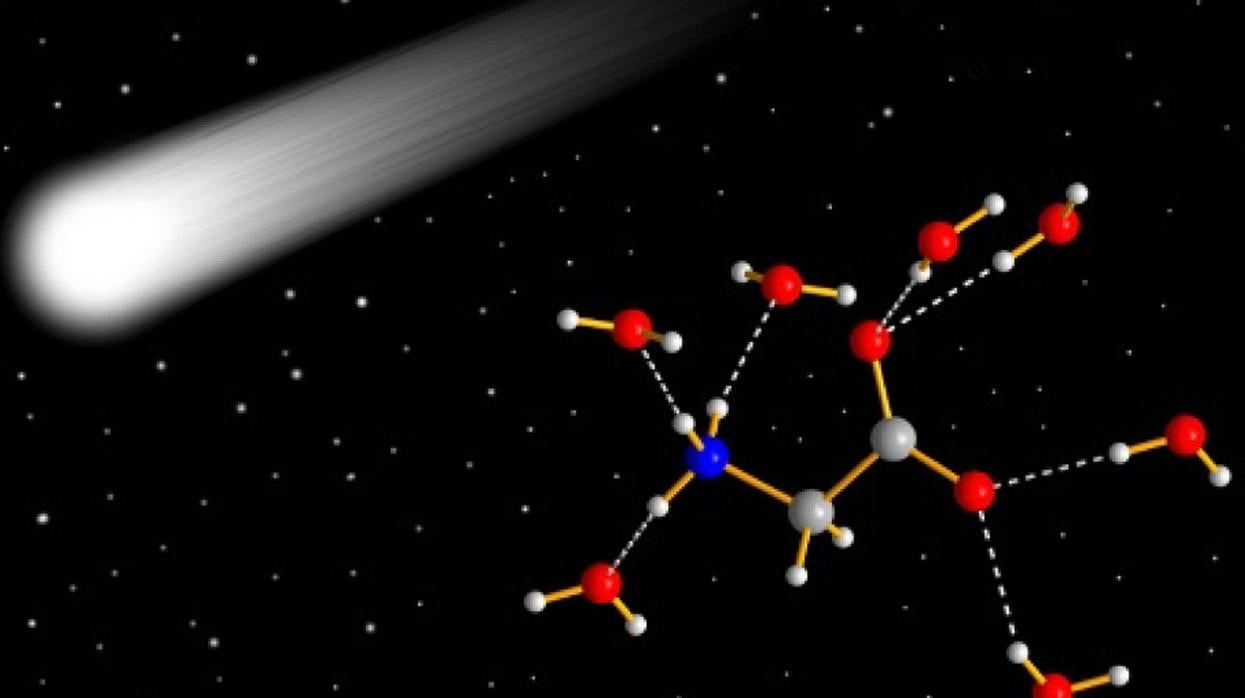La ilustración muestra una molécula de glicina flotando en el espacio