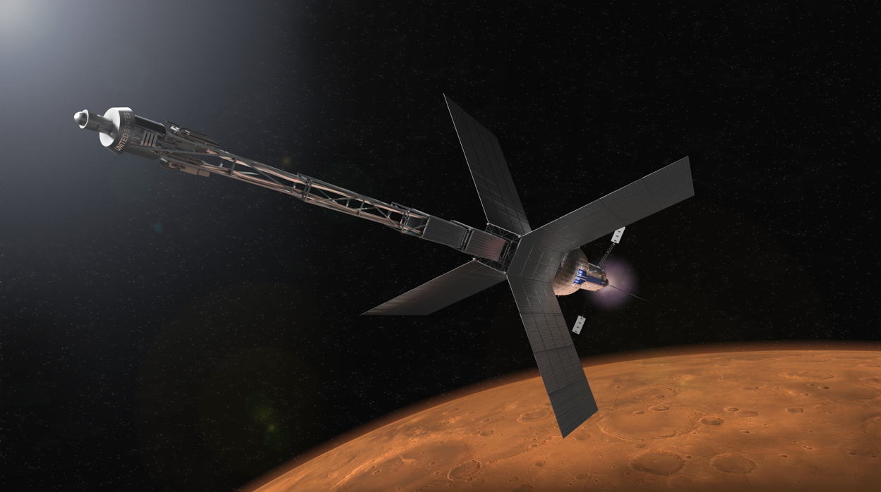 Ilustración de un puesto avanzado de tránsito con destino Marte y un sistema de propulsión nuclear que algún día podría llevar a los astronautas al Planeta Rojo