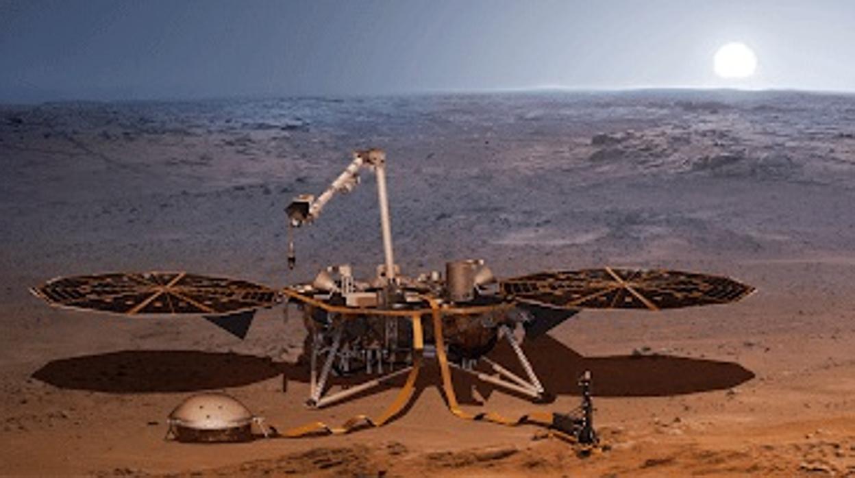 Ilustración de la nave InSight sobre la superficie marciana