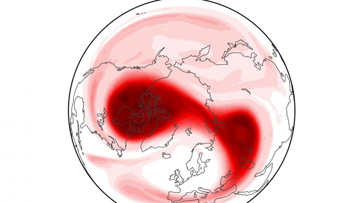 El vórtice polar, en rojo, está a punto de partirse en dos, tal como ocurrió en 2018, como se ve en la imagen, justo antes de una inusual ola de frío en Europa. Esta semana, ha ocurrido un fenómeno similar, según investigadores