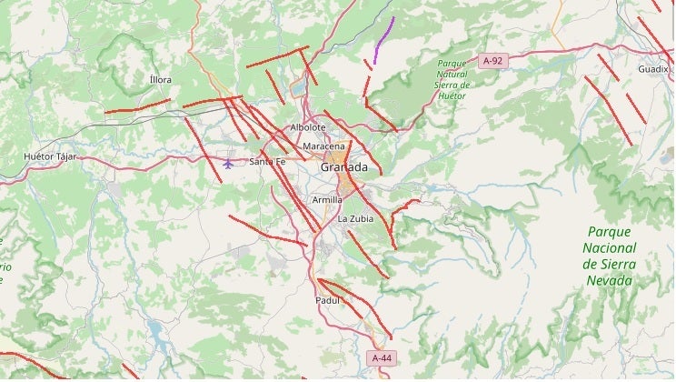 Las fallas paralelas bajo la Vega de Granada