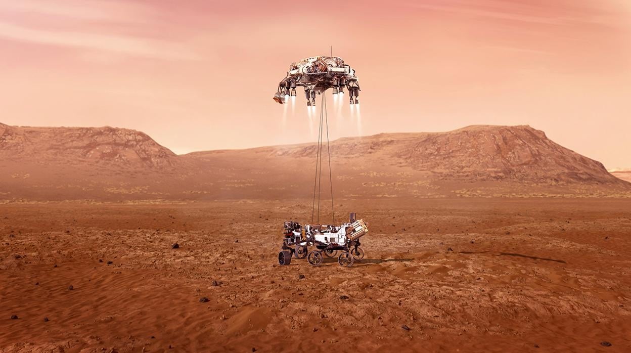 Ilustración del momento en el que el rover «Perseverance» aterrizará sobre suelo marciano