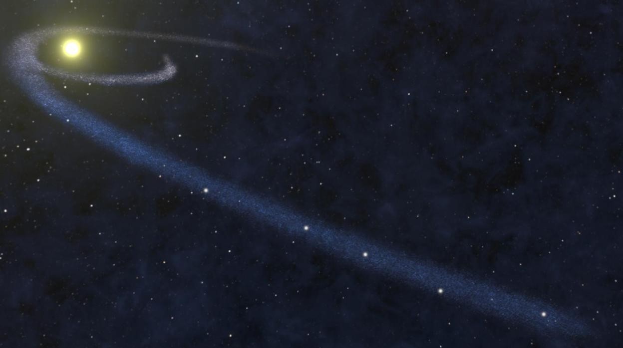 a ilustración muestra una fina nube de gas, estirada por las fuerzas gravitatorias de una estrella de paso. Los científicos creen que esta es una de las formas en las que se agrupa la "materia bariónica perdida" de nuestra galaxia