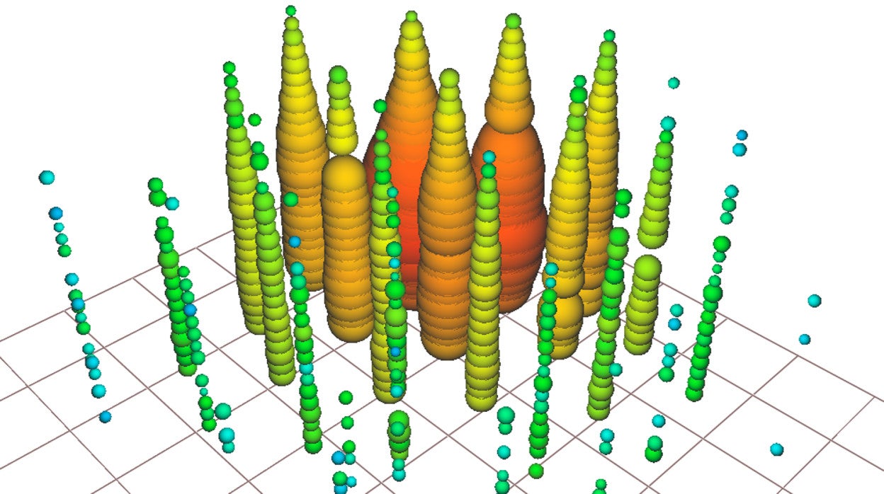 Una visualización del evento Glashow registrado por el detector IceCube. El evento fue apodado 'Hydrangea'